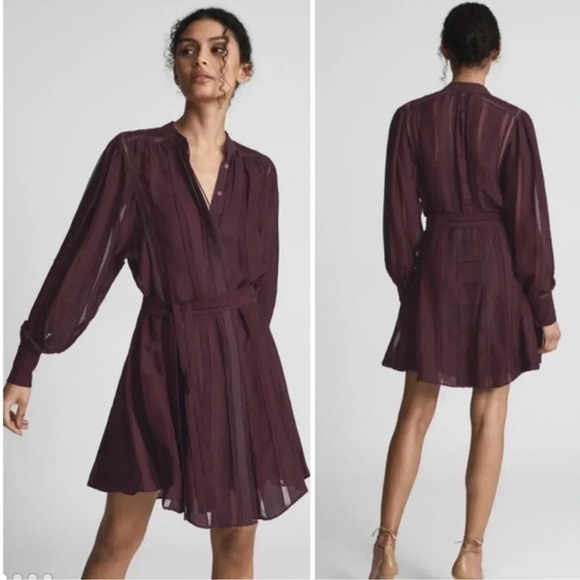 NWT!! REISS - HARRIET LACE TRIM MINI DRESS - Burgundy - Size 14 - Picture 1 of 8